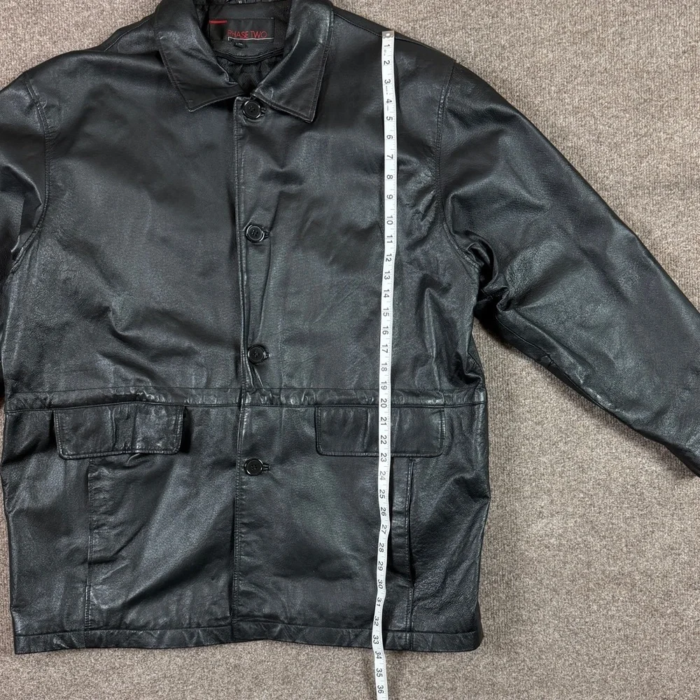 VTG Black Genuine Leather Jacket Men’s XL Button Front Collared Drawstring Waist